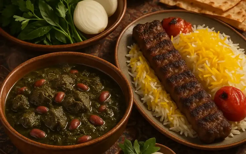 A bowl of Ghormeh Sabzi with kidney beans, served alongside saffron rice, kabob, fresh herbs, onions, and flatbread.
