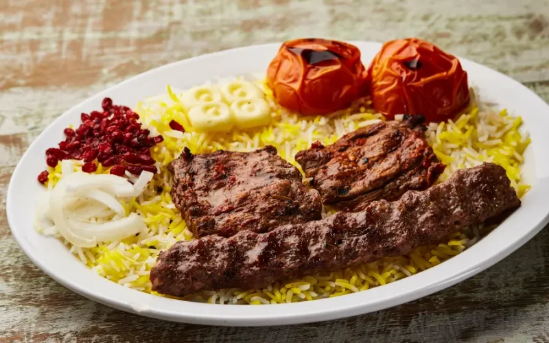 Traditional Persian Kabob and saffron rice served at Cafe Pita+ in Houston