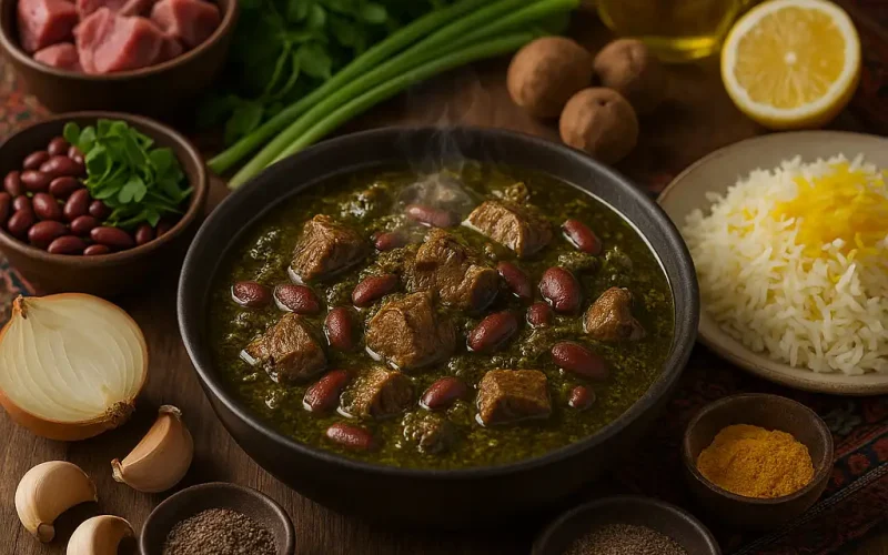 Ghormeh Sabzi Main Ingredients A bowl of Ghormeh Sabzi with meat, kidney beans, and herbs, surrounded by fresh ingredients and saffron rice.