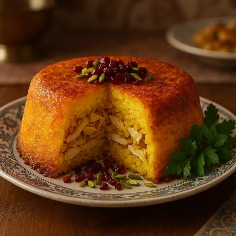 Persian Tachin with chicken, crispy golden crust, garnished with barberries and pistachios, served on a decorative plate.