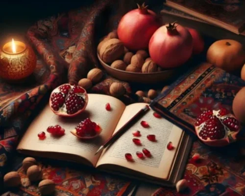 Ancient Persian Yalda Night celebration setup with pomegranates, nuts, and an open book on a patterned cloth.