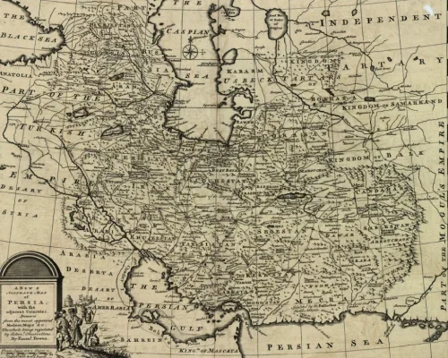 Antique map of Persia showing detailed geography and historical regions during ancient times.