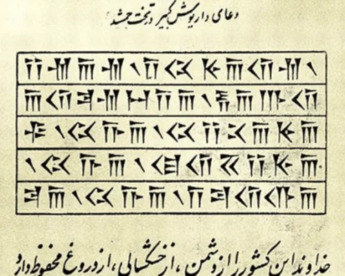 Old Persian cuneiform script depicting an ancient royal inscription with wedge-shaped symbols.