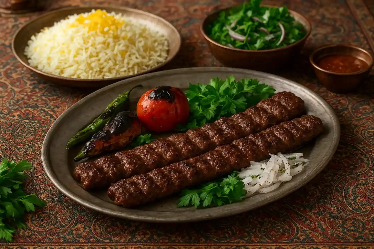 Persian kabab koobideh recipe - grilled tomato, herbs, and rice on a traditional plate.