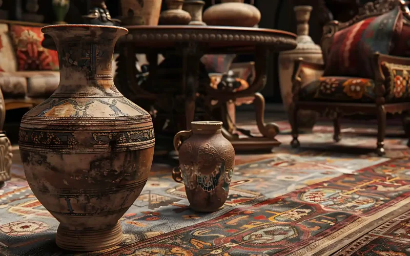 Antique Persian vases displayed on intricately designed Persian rugs in an elegant showroom.