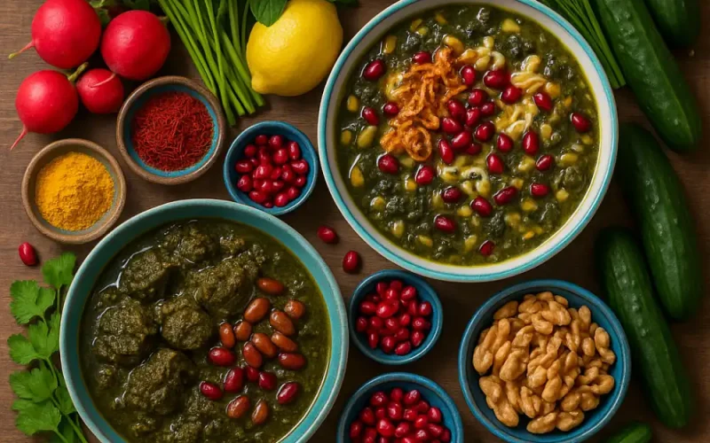 A healthy Persian meal featuring Ghormeh Sabzi and Ash Reshteh, showcasing the nutritious ingredients of Persian cuisine.