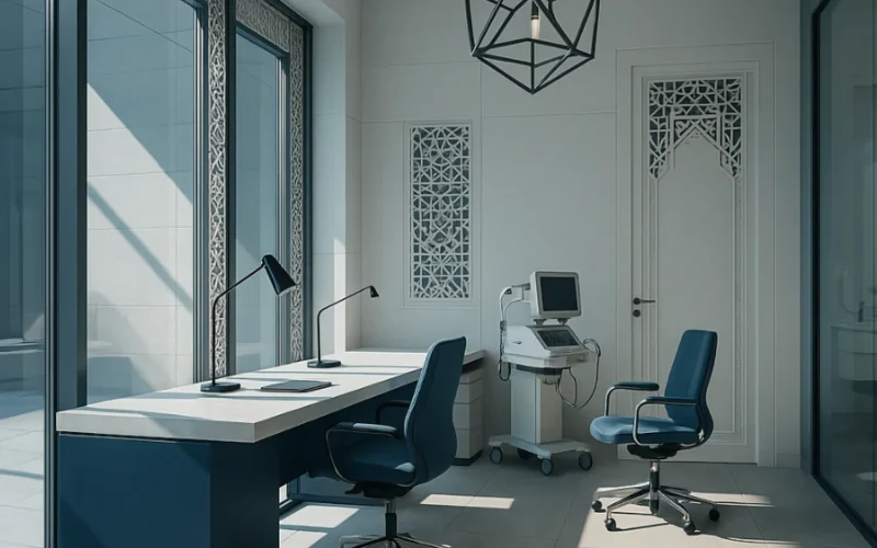 Modern office with Persian-inspired decor.