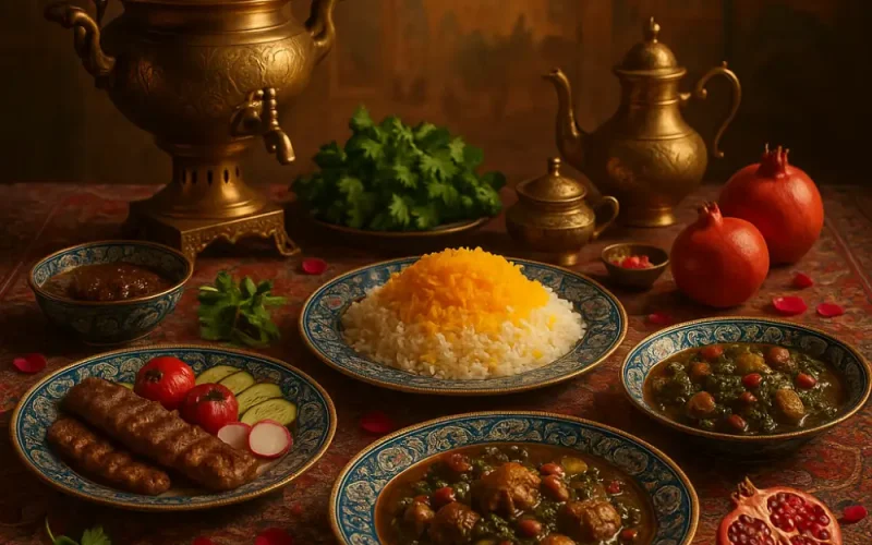 Traditional Persian dishes like tahdig, Zereshk Polo, and Joojeh Kabab served on a vibrant table.