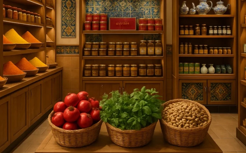 Persian grocery store with baskets of pomegranates, herbs, and nuts.