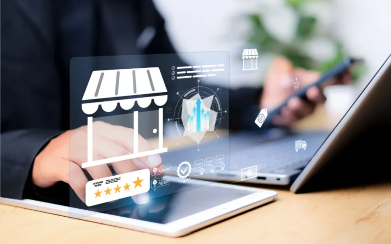 A person using a laptop and tablet with virtual storefront and e-commerce icons.