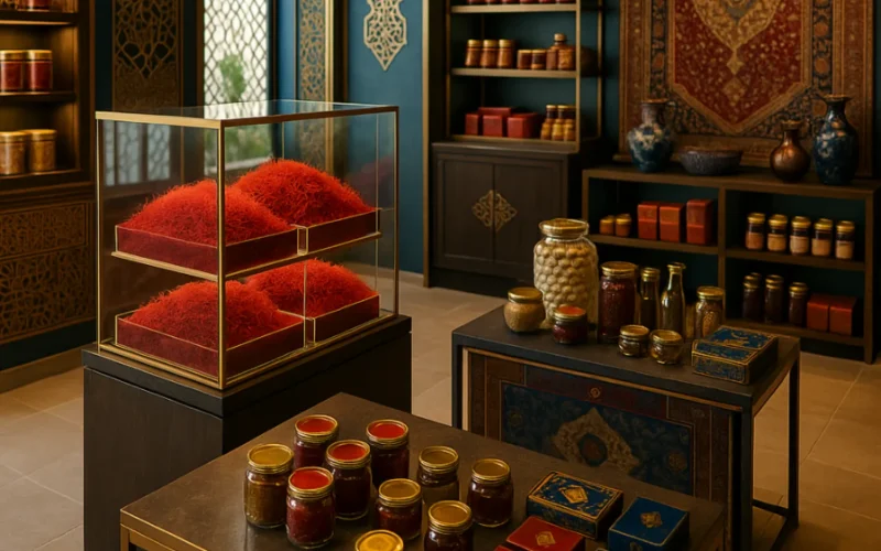 Persian store interior with saffron displays and traditional decor.