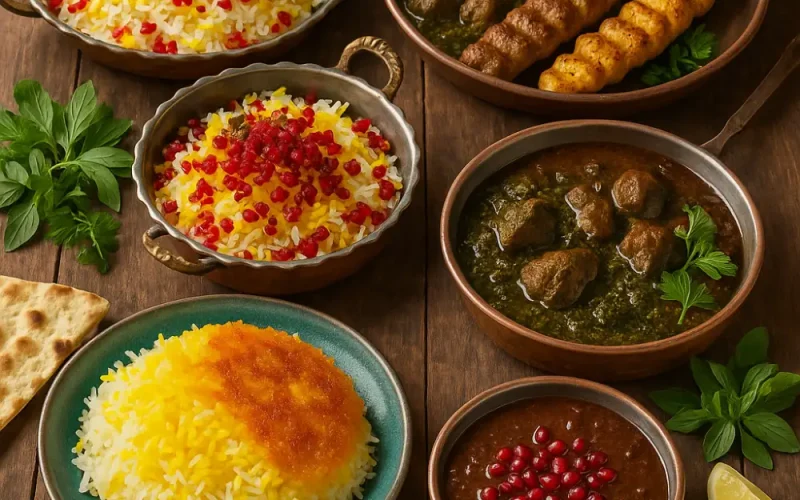 A lavish Persian feast featuring saffron rice, stews, and fresh herbs, symbolizing the rich culinary heritage of Iran.