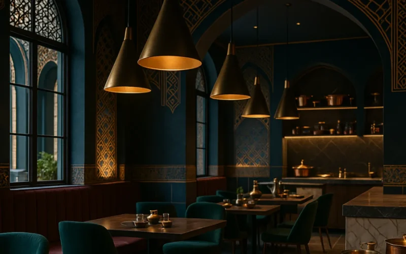 Iranian Businesses in the US Persian café interior with tea and traditional dishes.