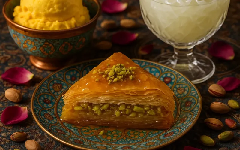 Persian desserts like saffron ice cream, baklava, and faloodeh served with rosewater and pistachios.