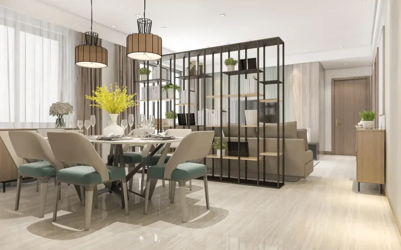 A modern dining and living space designed with Persian and European influences by Sahel Design + Build, part of the Iranian Business Community in Dallas.