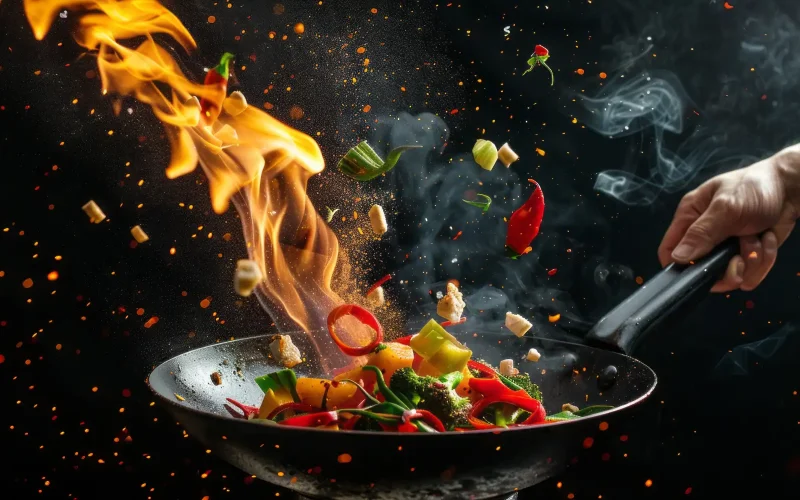 A chef stir-frying vibrant vegetables in a flaming pan with dramatic flames and spices.