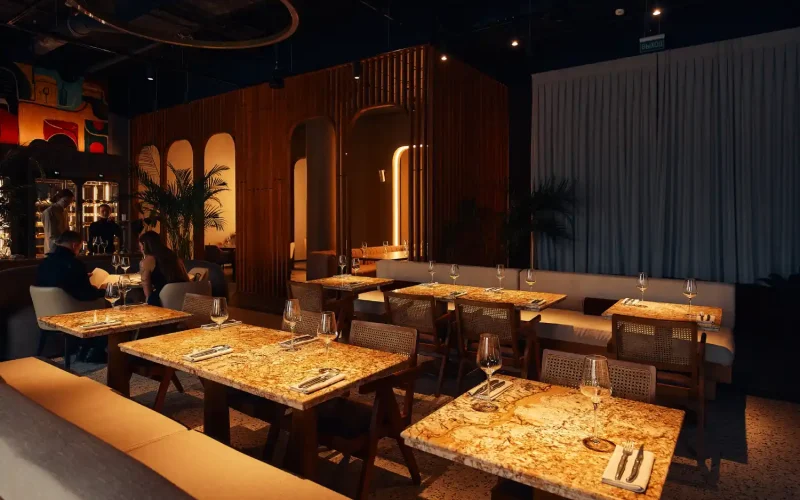 Elegant interior of a Persian restaurant in Charlotte NC with a warm and inviting ambiance.
