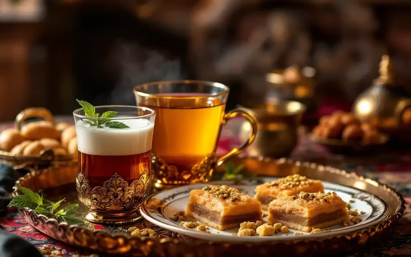 Assorted Persian drinks and desserts including Doogh, tea, and Baklava.