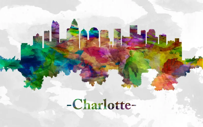 A colorful watercolor skyline of Charlotte, North Carolina, representing the city’s vibrant cultural growth.