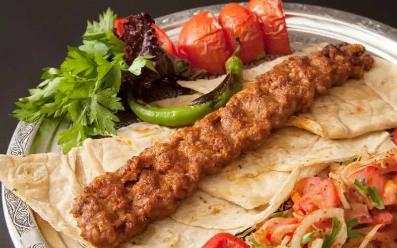 Koobideh kebab served with naan, grilled vegetables, and fresh salad from Koobideh Factory Food Truck in Charlotte.