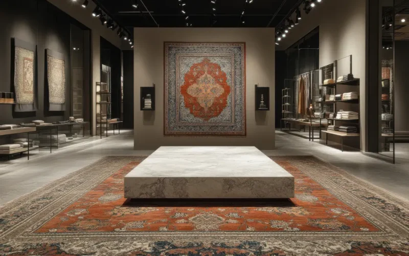 A luxurious Persian rug gallery in California showcasing intricate handwoven carpets.
