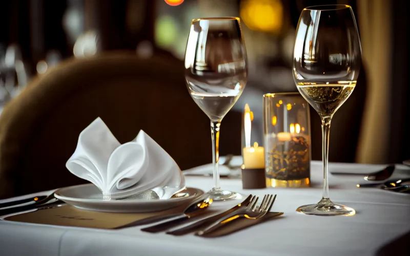 Elegant table setting at an Iranian restaurant in Charlotte with wine glasses and candlelight.