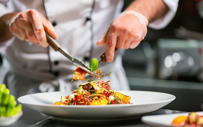 The World of Iranian Businesses in California(Persian Stores and Restaurants: Taste of Iran) Chef preparing a vibrant Persian dish, showcasing the culinary artistry of Iranian businesses in California.